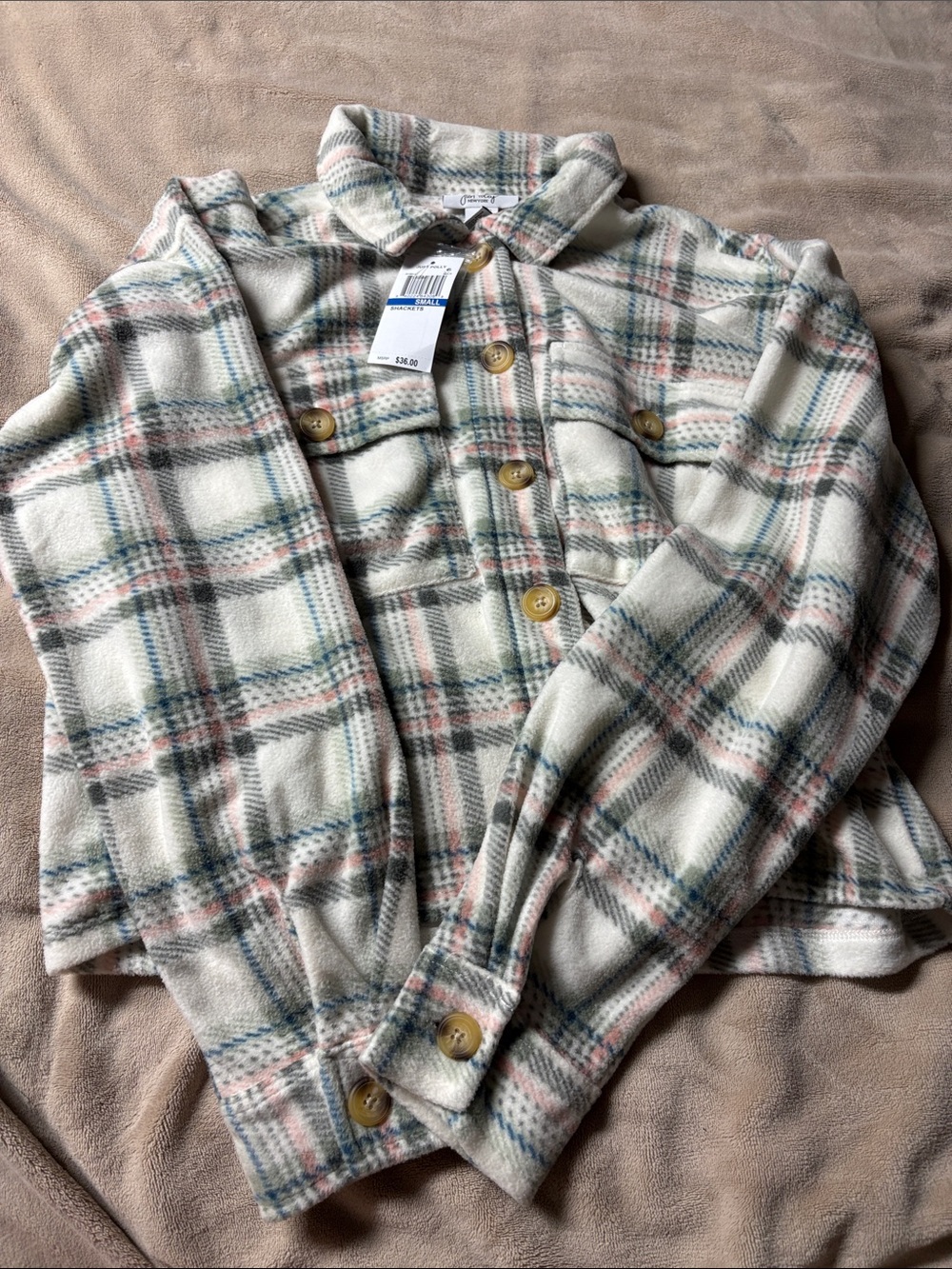 Kids Cream Plaid Button-Down Fleece Shirt Jacket